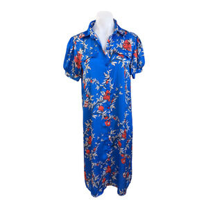 Lobo Rosa XS Camisa Shirt Dress Blue Floral Hourglass Button Up Short Sleeves